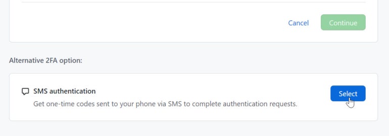Click the Select button for the SMS authentication.