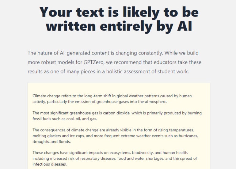 notification saying: “Your text is likely to be written entirely by AI.”
