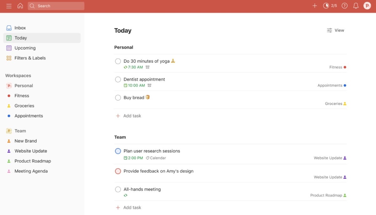 Screenshot of Todoist tasks.