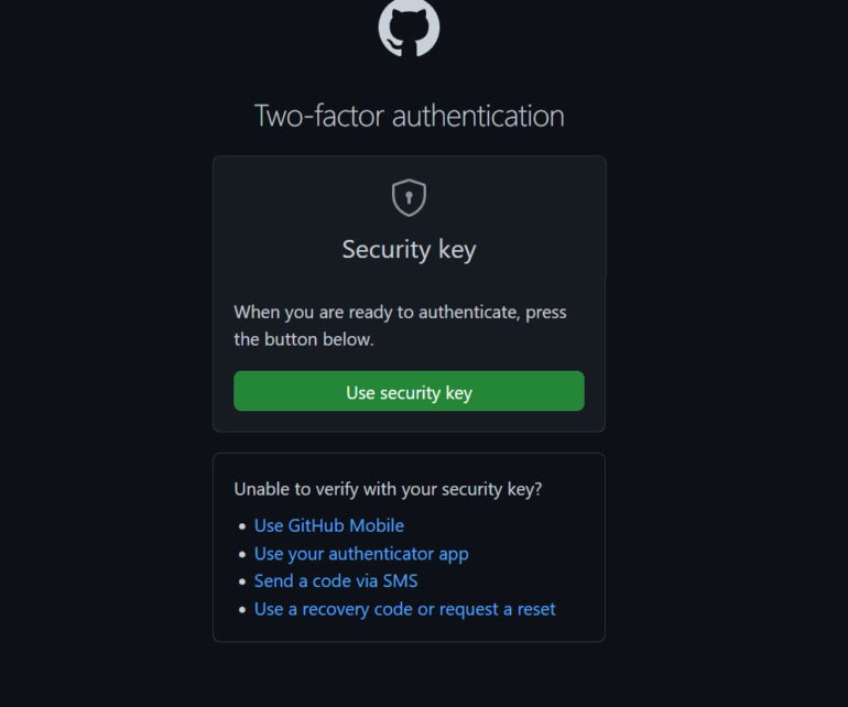 A security key, the GitHub mobile app or an authenticator app are the most secure methods for protecting your account.