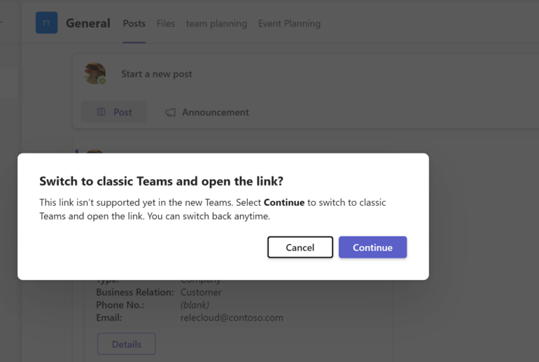 If you try to use an app like Business Central, Teams will prompt you to go back to the classic Teams app.