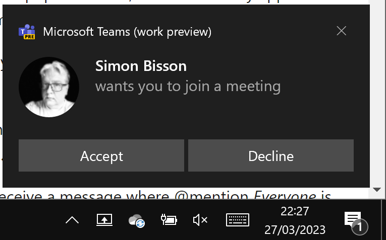 When I left this Teams meeting request notification open onscreen, it stopped me from seeing the notification for an incoming call.