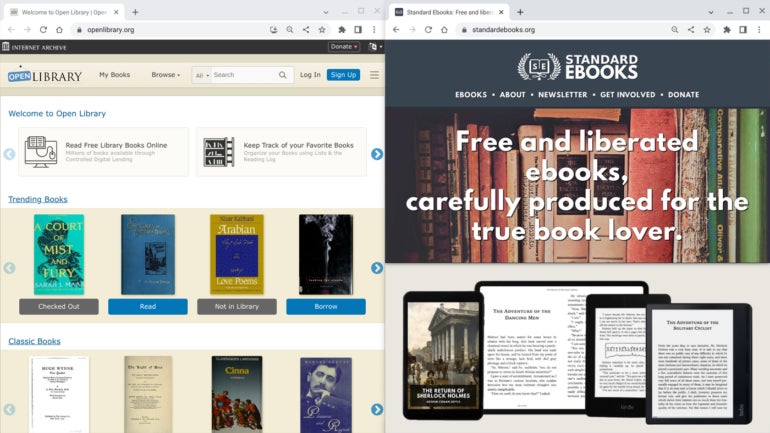 This image shows Open Library and Standart Ebooks open in Chromebook browser.