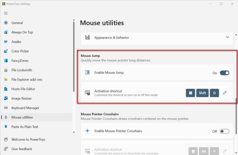 Tangkapan layar menu Pengaturan PowerToys ini berfokus pada utilitas Mouse, dengan kotak merah yang mengelilingi area fitur Lompat Mouse.