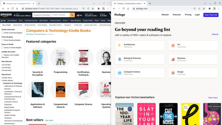 Shows Amazon and Perlego ebook access in Chromebook browser.