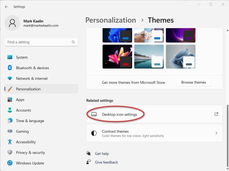 Personalization screen with circled desktop icon settings.