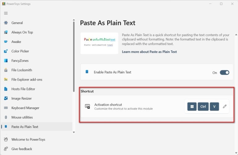 In this screenshot of the PowerToys Settings menu, users are looking at the Paste activation shortcut as plain text, with a red box surrounding instructions for how to activate the shortcut.