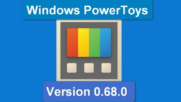 Layar biru dengan ikon teknologi berwarna pelangi.  Teks membaca Windows PowerToys Versi 0.68.0.