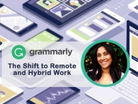 Grammarly The Shift to Remote and Hybrid Work text with a picture of Natala Menezes over an vector graphic of mobile devices
