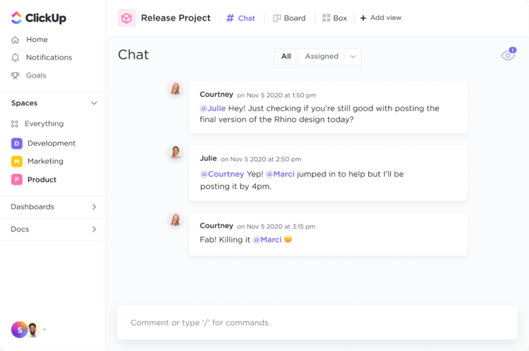Chat functionality for ClickUp allows users to collaborate on projects without leaving the app.