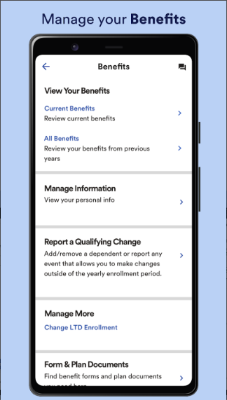 Employees can use the mobile app to manage benefits, view pay details, find people and more.