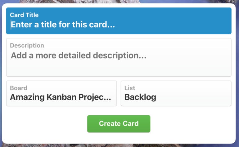 Adding a new Trello card to the Amazing Kanban Project board with the Quick Card feature.