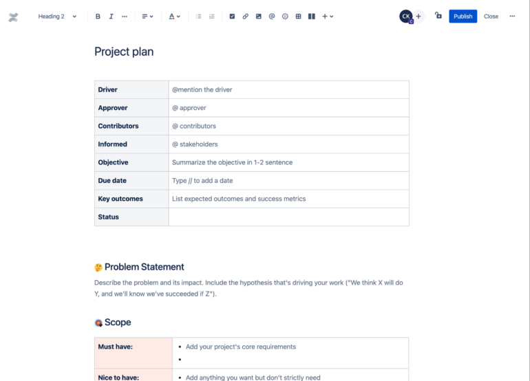 A screenshot showing Confluence's ready-made templates