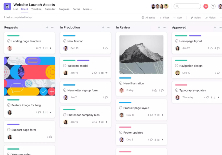 A screenshot showing the board view of Asana's project management capabilities