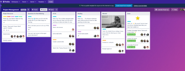 Screeenshot of the Trello project management tool displaying various ongoing projects