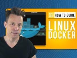 Jack Wallen standing in front of a yellow background with the text How to Guide Linux Docker