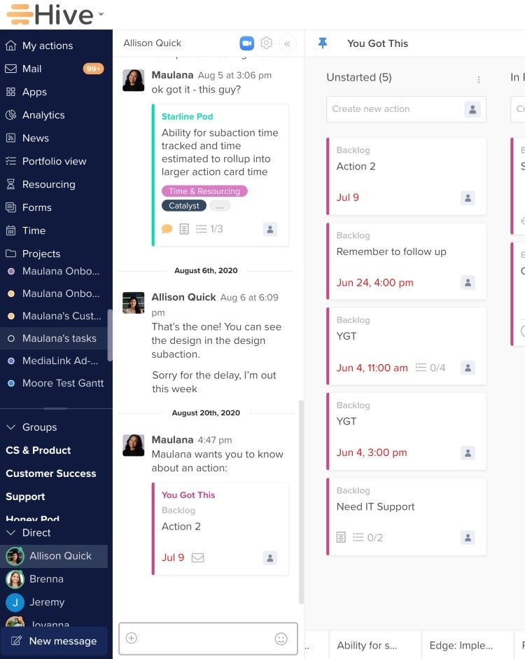 A screenshot of the Hive messaging app.