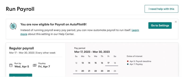 Gusto’s payroll features include automatic payroll runs. Customer service is easy to access using the button on the top right corner.
