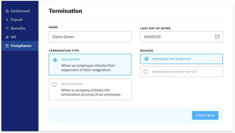 Justworks termination visualization dashboard message.