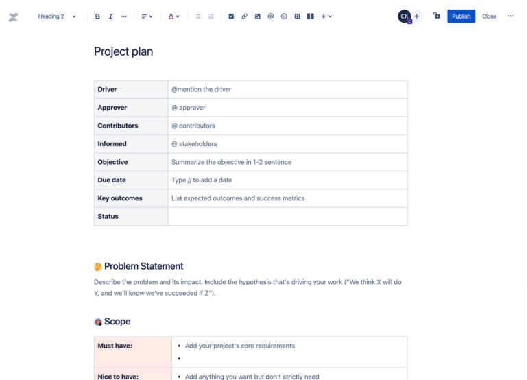 Customizable Confluence project management template to guide project management teams.
