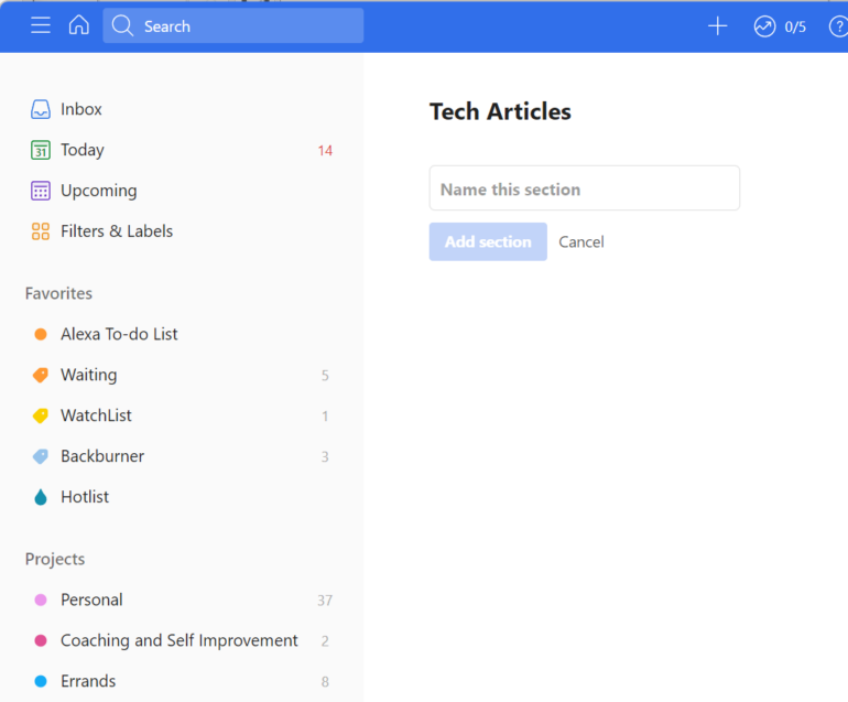 Our new Tech Articles board in Todoist.