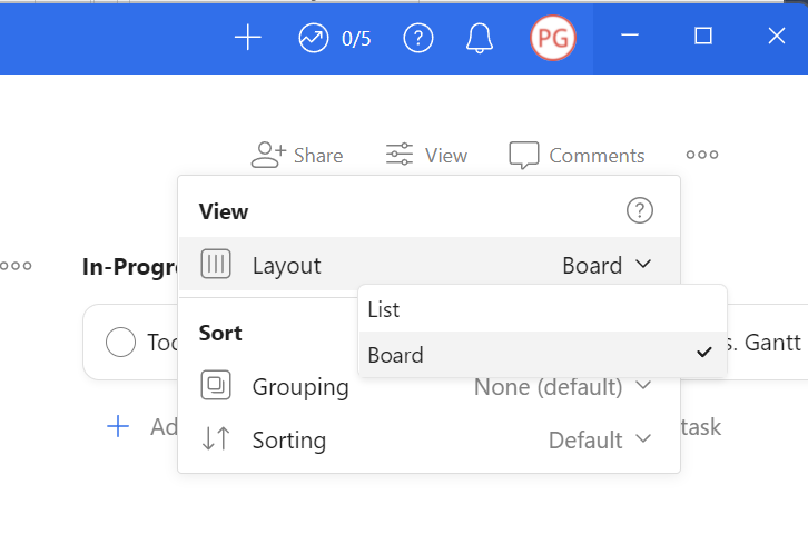 Changing the view of a project from List to Board in Todoist.