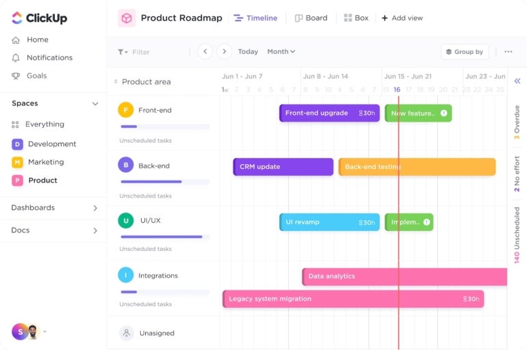 ClickUp’s timeline view of a development project product roadmap.