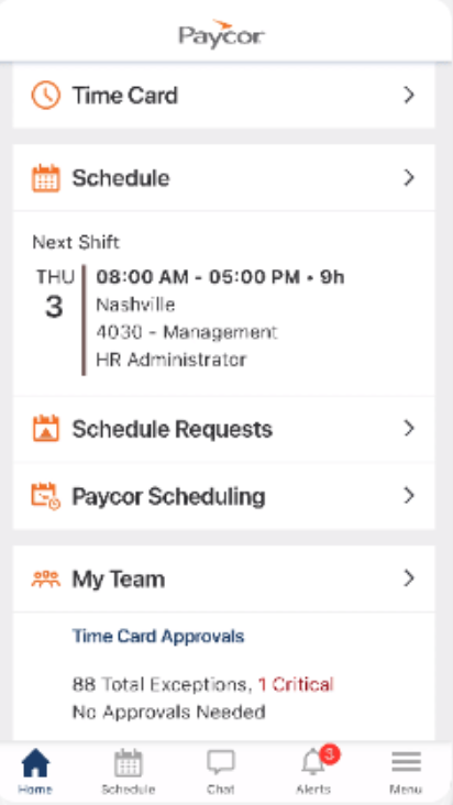 Paycor’s app for employees shows hourly employees their hours and upcoming work schedule. Employees can also use the app to chat with employees and managers.