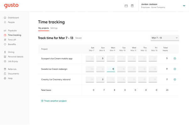 The Gusto time tracking interface.