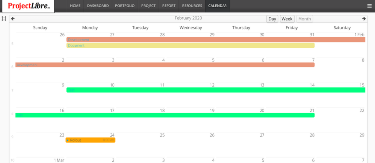 ProjectLibre cloud calendar dashboard view.