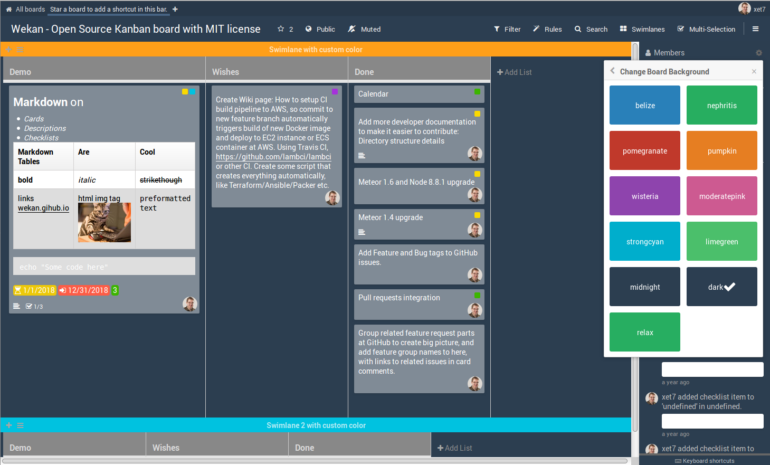 Wekan project management dashboard.