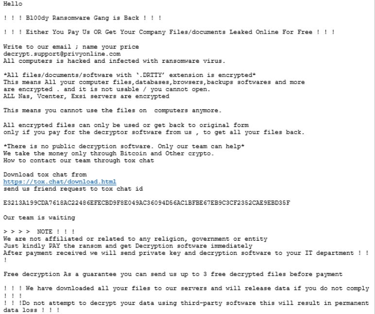 Sample ransomware note from Bl00dy ransomware gang.