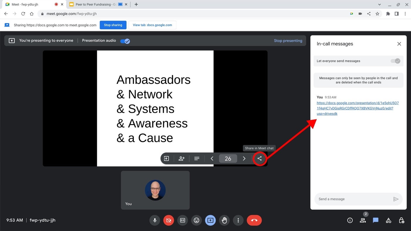 The share button in Google Meet highlighted with an arrow pointing to the Google Docs document that was linked in the chat.