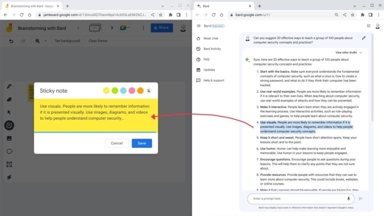 This screenshot shows a prompt in Google Bard and a snippet on a sticky note.