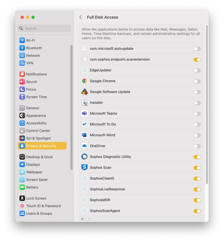 Program entries in the macOS Ventura Full Disk Access settings