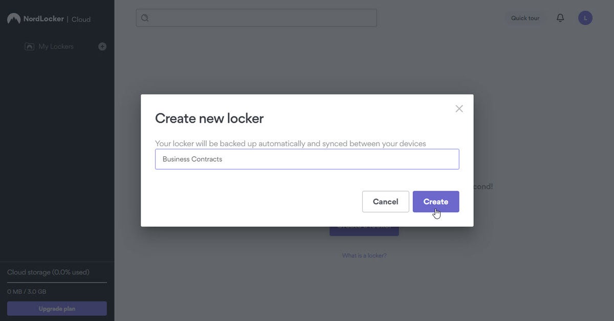Create new locker pop-up open in NordLocker with the field filled