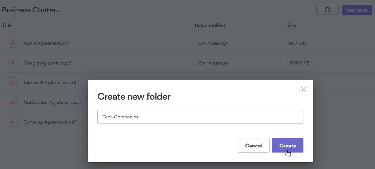 the Create New Folder popup in NordLocker with the field filled