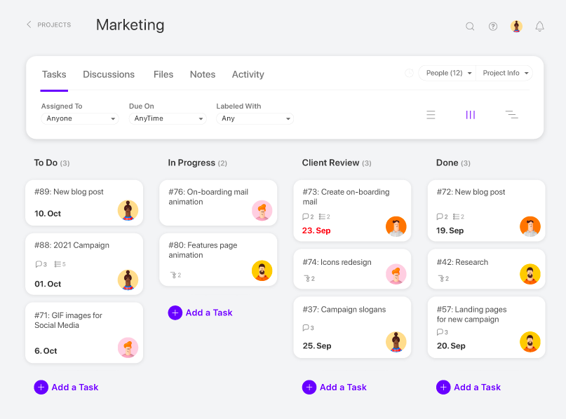 A customizable task view of a marketing project in ActiveCollab