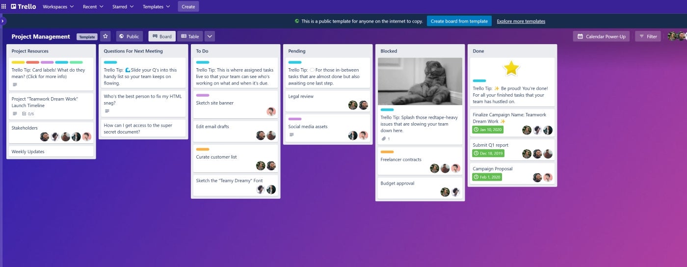 Trello board view displaying a variety of project tasks