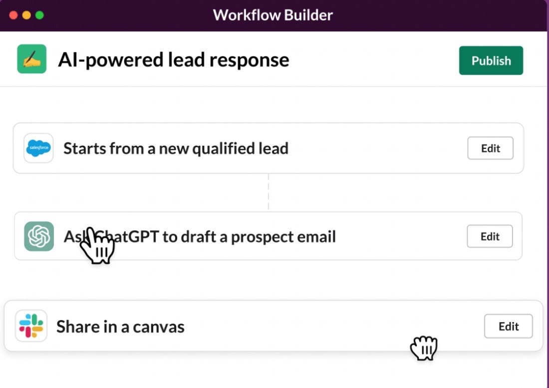 Cursor hovering over an option in the Slack Workflow Builder to Ask ChatGPT to draft a prospect email