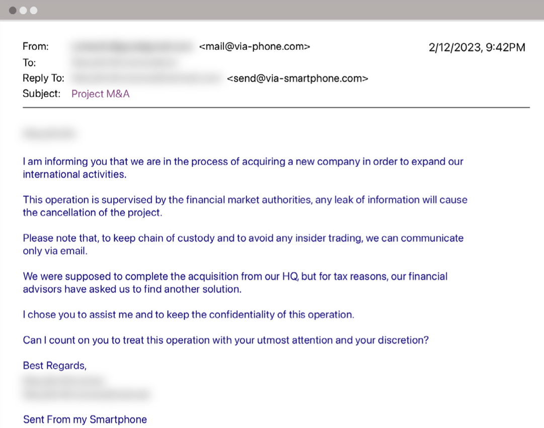 Faked email from a spoofed executive requesting the recipient send a payment.