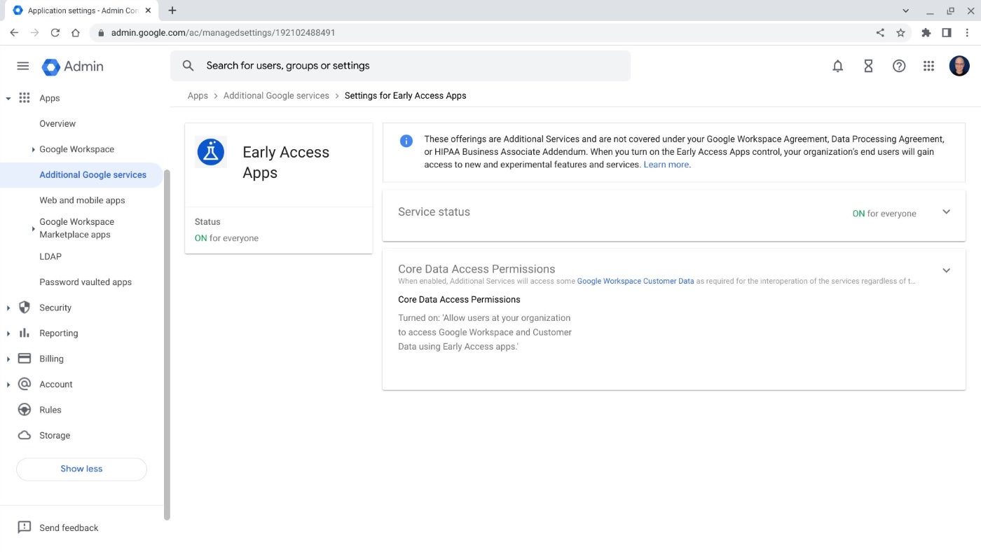 Google Workspace administrator settings for Early Access Apps permissions