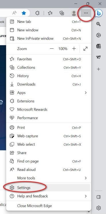 This screenshot shows the Edge Settings menu.