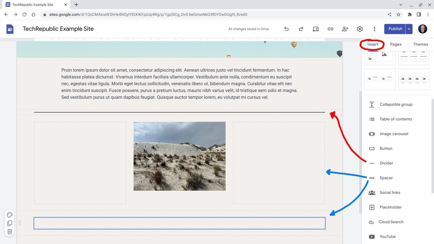Add dividers and spacers in Google Sites.