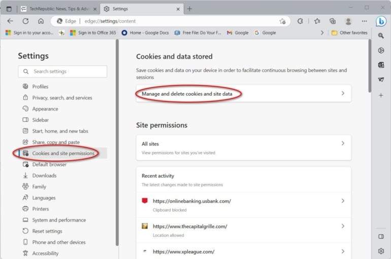 Esta captura de pantalla muestra Administrar y eliminar cookies y datos del sitio.