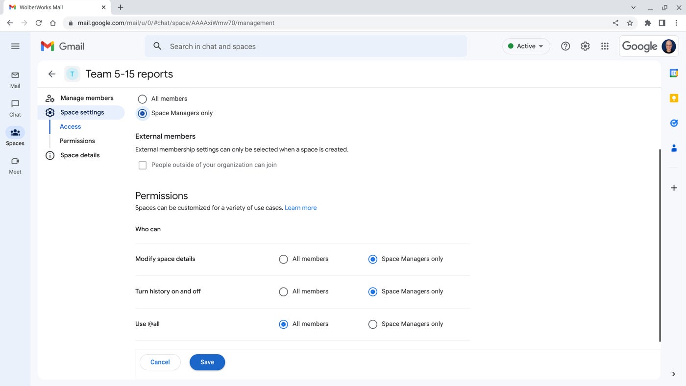 Adjusting permissions in Google Spaces manager