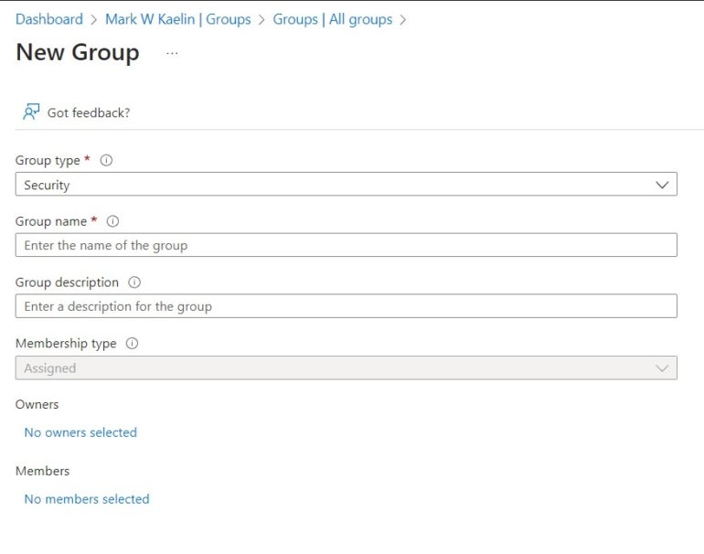 Umbenennen einer Gruppe im Azure-Portal beim Konfigurieren von Loop