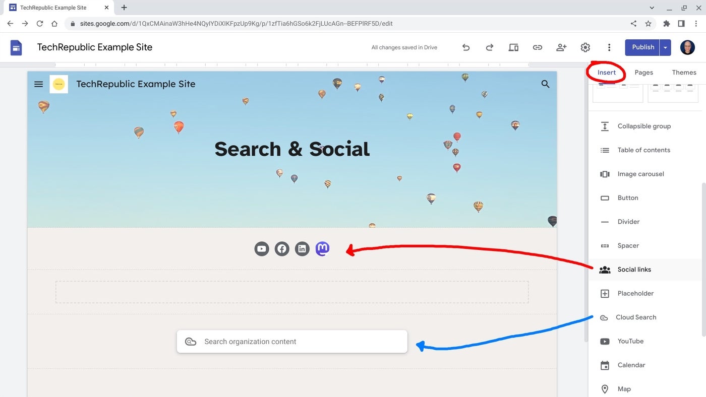 Add Site-Initiated Search and Social Buttons to Google Sites.