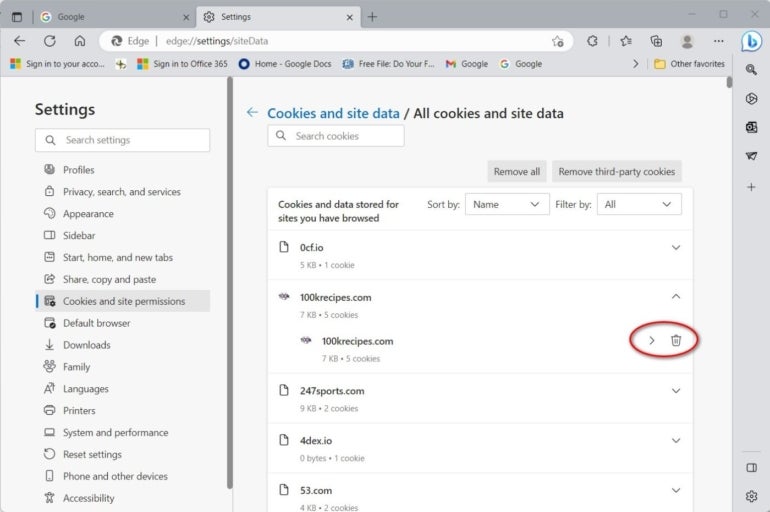 Esta captura de pantalla muestra las cookies de Edge y el permiso del sitio.