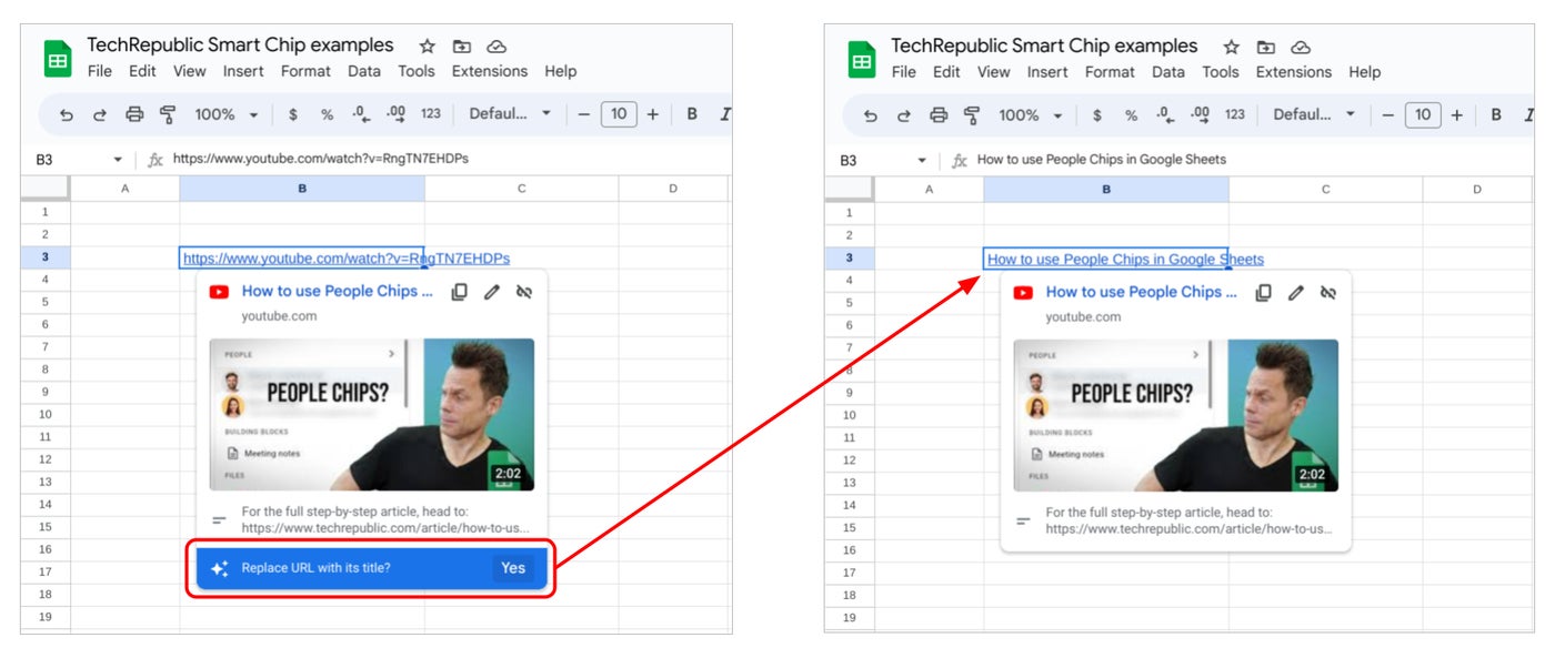 Replacing the YouTube URL with the video title using a Google Sheets smart chip
